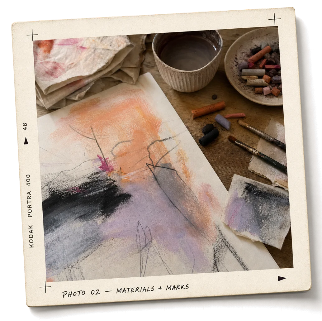 Pastels, brushes and a work in progress